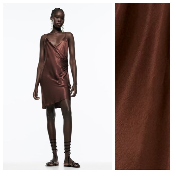 Zara Dresses & Skirts - 🌹NWT. Zara Brown Satin Effect Mini Dress with Side Ruching. Size S.